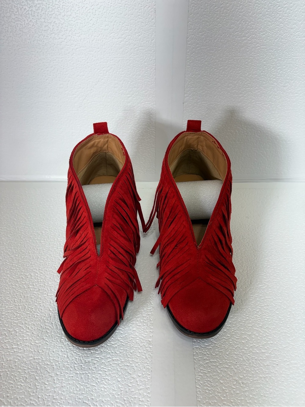 Red Fringe Suede Ankle Booties s227